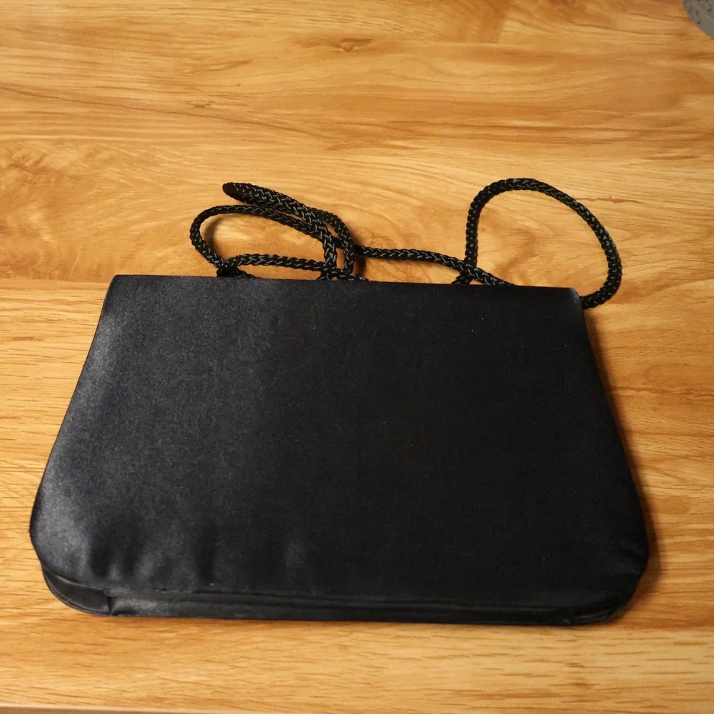 Vintage 90s Pleated Satin Clutch Evening Bag Womens Black Rhinestone Y2K Formal